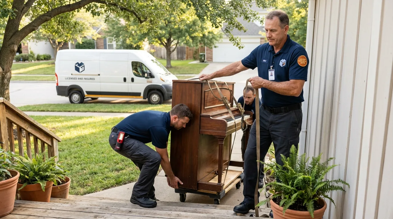 Licensed piano movers securing grand piano in California, PA