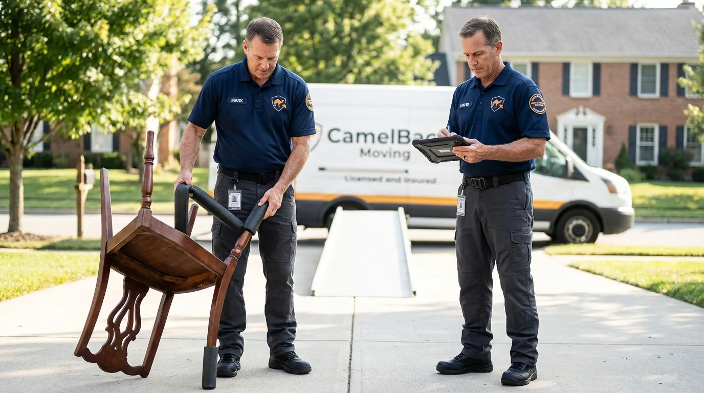 Movers inspecting furniture for damage prevention before loading in California, PA