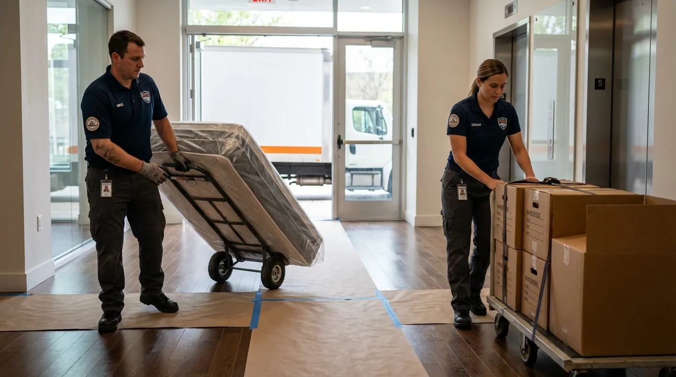 Professional apartment movers loading elevator in California, PA