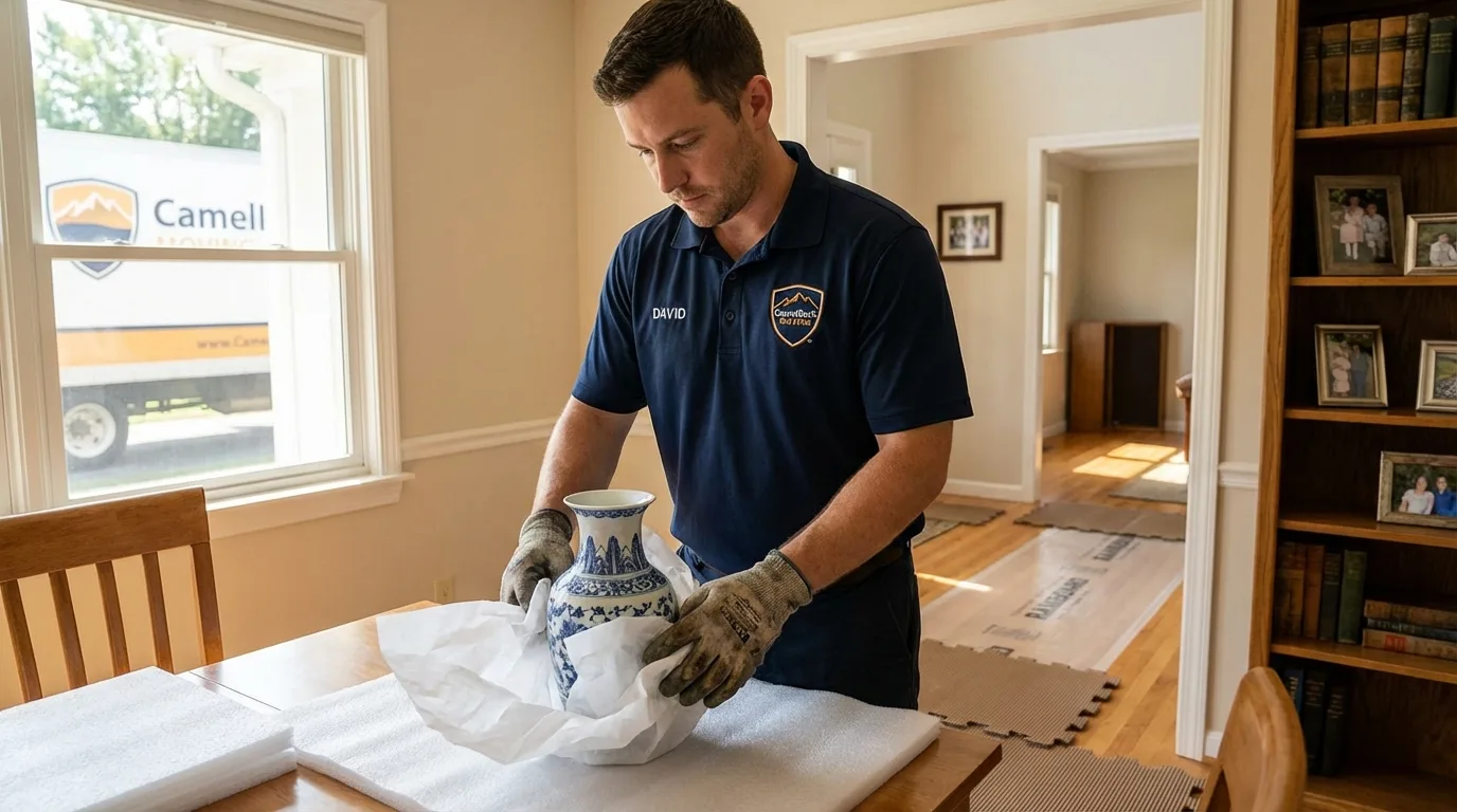 Professional crew carefully wrapping antique vase for senior downsizing move in California, PA