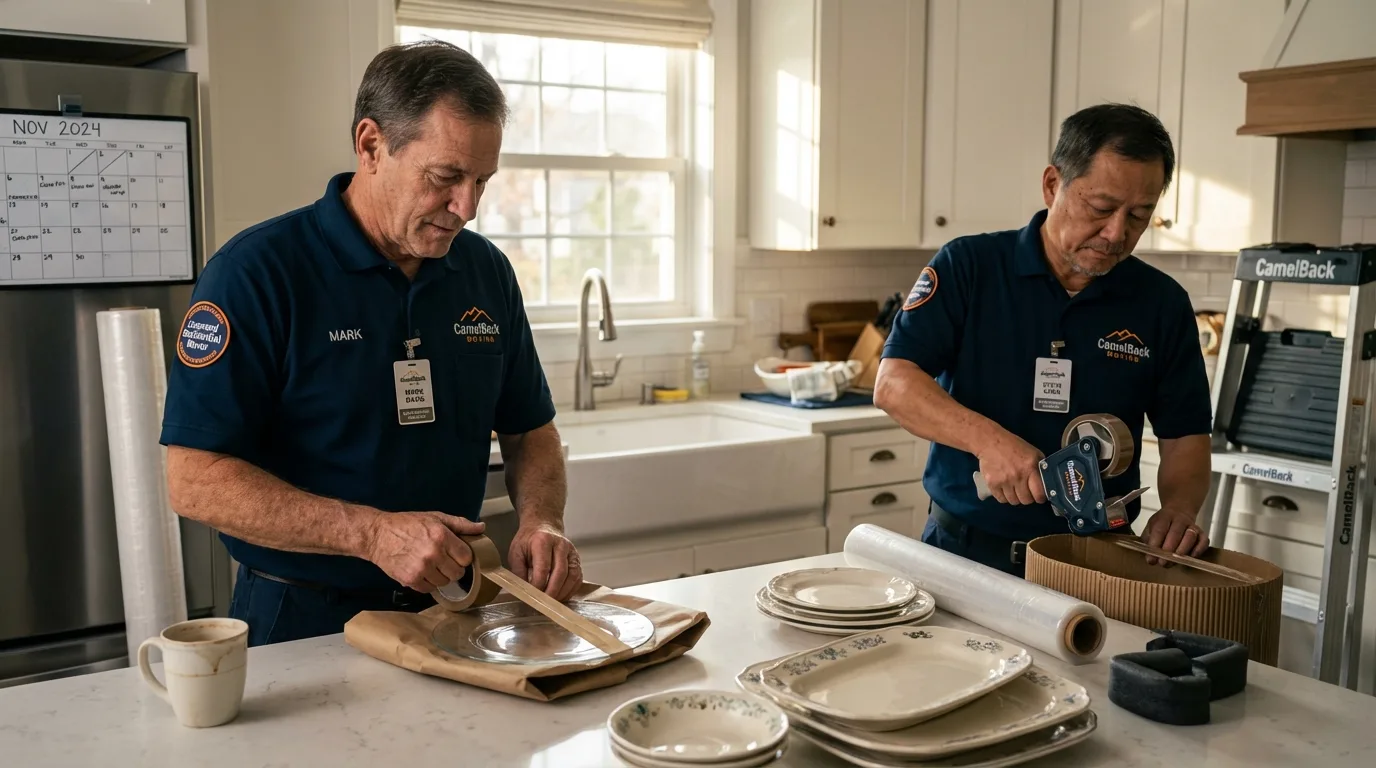 Professional crew packing kitchen dishware in California, PA