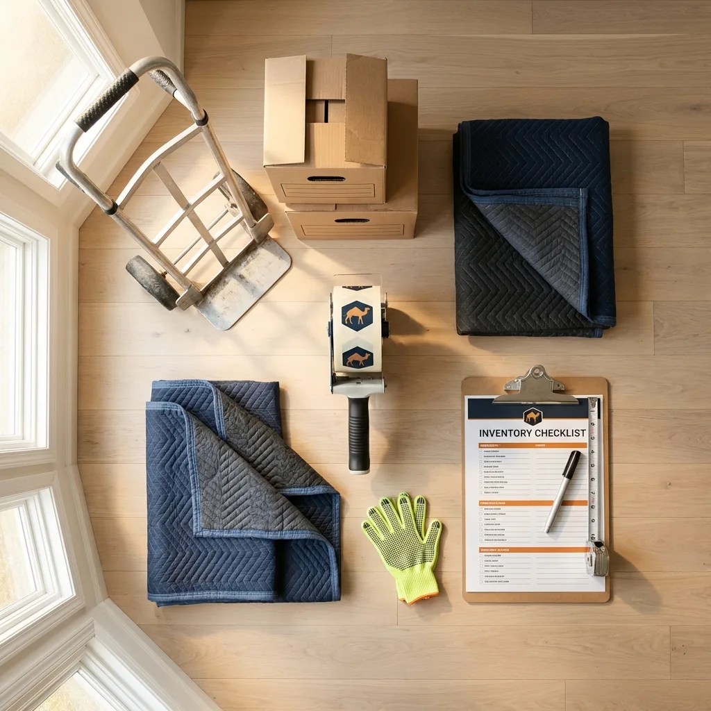 Professional moving supplies and packing materials layout for California residential relocations